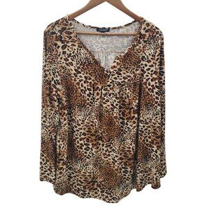 A. Jesdani Womens Cheetah Print Tunic Top‎ Blouse Sz 2X V-Neck Brown Long Sleeve